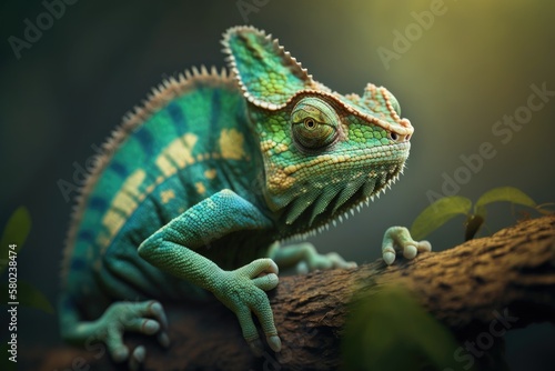 Green chameleon hunting. A picture of an unusual animal. Macro. Generative AI
