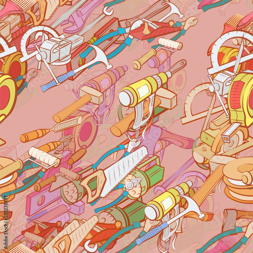 Background pattern abstract design texture. Seamless. Building tools and Repair. Theme is about mounting, architectural, installation, ax, froze, woodcutter, painting walls, clogging, teeth