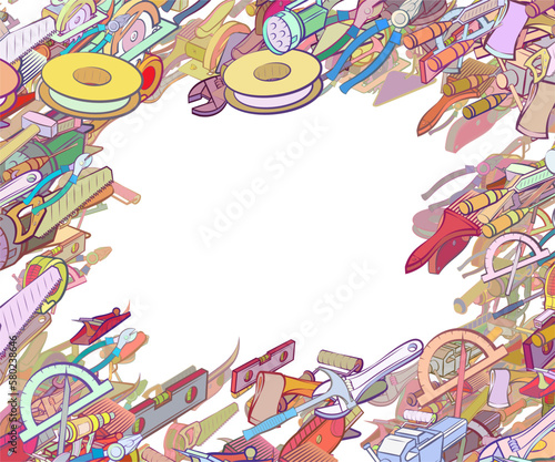 Background pattern abstract design texture. Building tools and Repair. Border frame, transparent background. Theme is about hank, concrete, roulette, nippers, mount, installation, manual