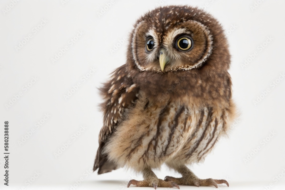Obraz premium Athene noctua, Athene noctua, 50 days old, standing in front of a white background. Generative AI