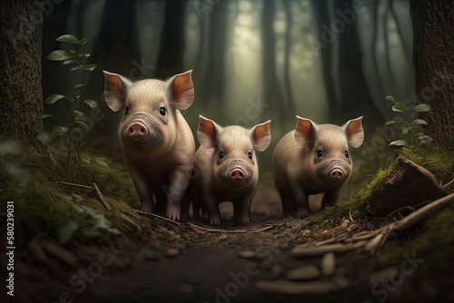Three piglets in the woods. Generative AI Fototapet
