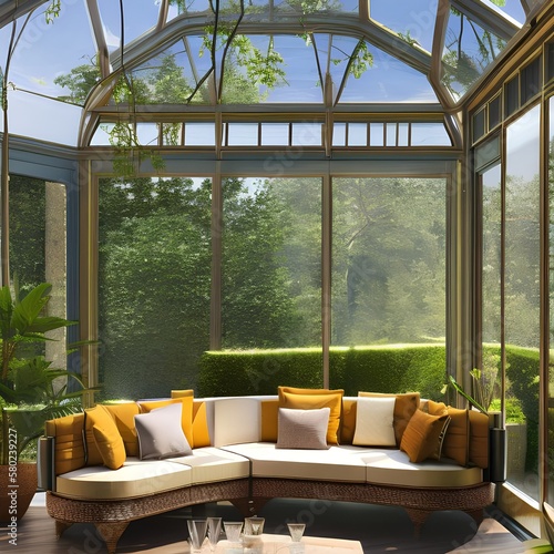 A sunroom with comfy furniture and a view of the garden 2_SwinIRGenerative AI