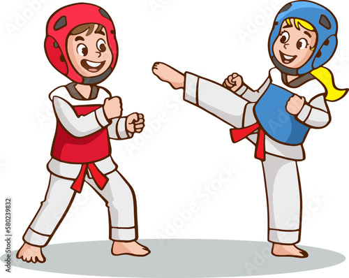Cartoon kids training martial arts in kimono uniform. Karate or taekwondo character illustration.
