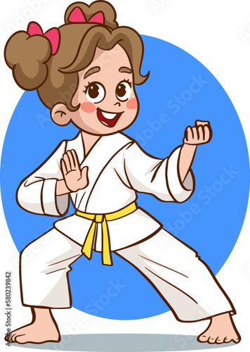 Cartoon kids training martial arts in kimono uniform. Karate or taekwondo character illustration.