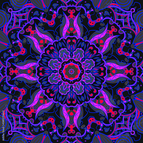 Seamless tile texture. Tracery mehndi design image. Dark toxic colors. Ethnic doodle art. Curved doodling picture. Vector