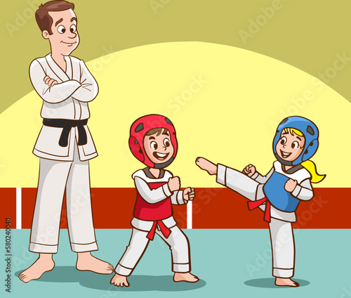 Cartoon kids training martial arts in kimono uniform. Karate or taekwondo character illustration.