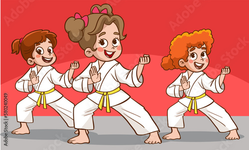 Cartoon kids training martial arts in kimono uniform. Karate or taekwondo character illustration.