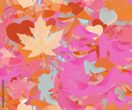 Background pattern abstract design texture. Seamless. Theme is about high heels, pumps, beech, casual, platform heels, botany, slingback shoes, maple, love, greenery, illustration, seasons