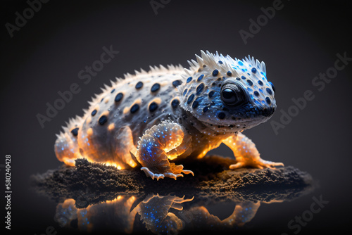 Fototapeta Naklejka Na Ścianę i Meble -  Mystical glowing reptile or lizard. Isolated on blurred background. Stunning animals in nature travel or wildlife photography made with Generative AI