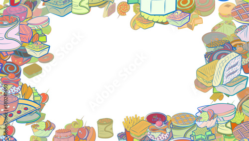 Background pattern abstract design texture. Snacks and American food. Border frame, transparent background. Theme is about wrapped up, twisted, sugar, cut, cherry, cucumber, rice, bacon