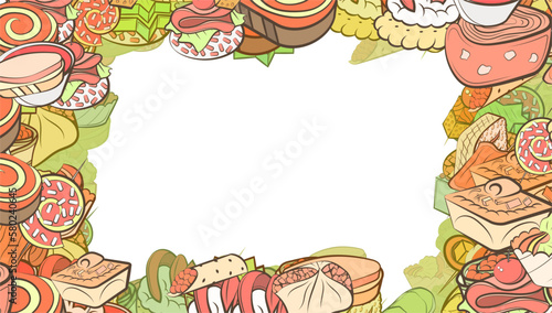 Background pattern abstract design texture. Snacks. Border frame, transparent background. Theme is about loaf, basket, slice, meat, tartlet, twisted filling, sweet, mini cake, caviar, pancake