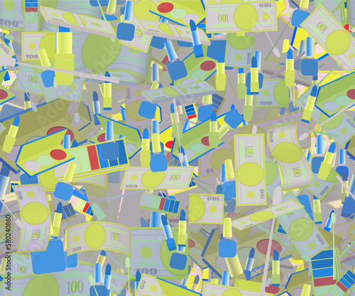 Background pattern abstract design texture. Seamless. Theme is about dollars, bill, market, toiletry, financial, pomade, salon, pomatum, nail polish, ointment, hundred, banking, banknote