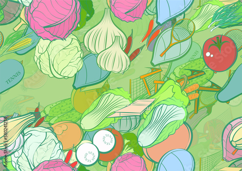 Background pattern abstract design texture. Seamless. Tennis and Health food. Theme is about egg, cucumbers, bitter, ping-pong, broccoli, tomato, in the leaves, racket, glare, observer, vitamins