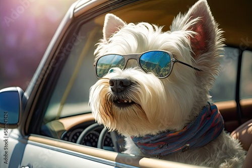 A west highland white terrier wearing goggles and riding in a car with the window down through an urban city neighborhood on a warm, sunny summer day. Generative AI photo