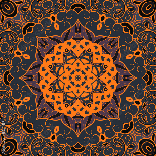 Seamless tile texture. Tracery mehndi design image. Dark toxic colors. Ethnic doodle art. Curved doodling picture. Vector
