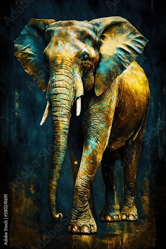 Elephant contemporary  wildlife golden oil painting  beagle  Ai generated 