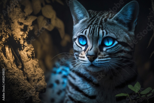Mystical glowing big cat in a magical nature. Isolated on blurred background. Stunning animals in nature travel or wildlife photography made with Generative AI photo