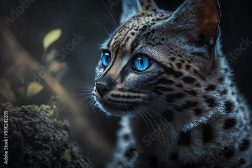Mystical glowing leopard, cheetah, panther, or big cat in a magical nature. Isolated on blurred background. Stunning animals in nature travel or wildlife photography made with Generative AI photo