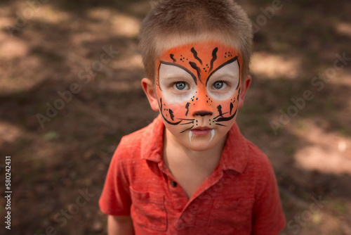 High angle portrait of confident boy with face paint photo