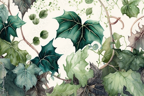 Ivy leaf background, Autumn plant watercolor art (Ai generated)