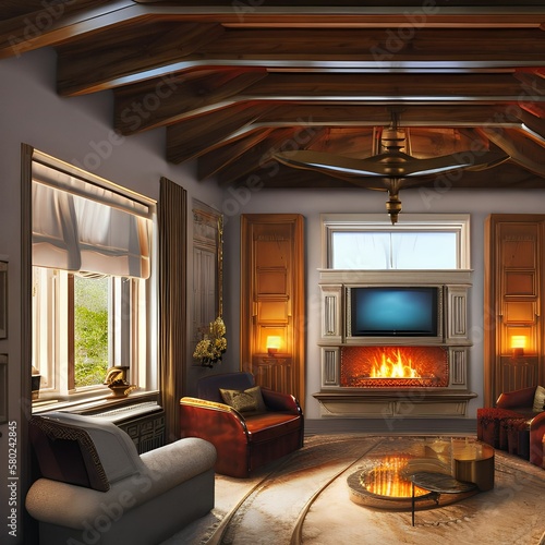 a living room with a fireplace and a tv 1_SwinIRGenerative AI © Ai.Art.Creations