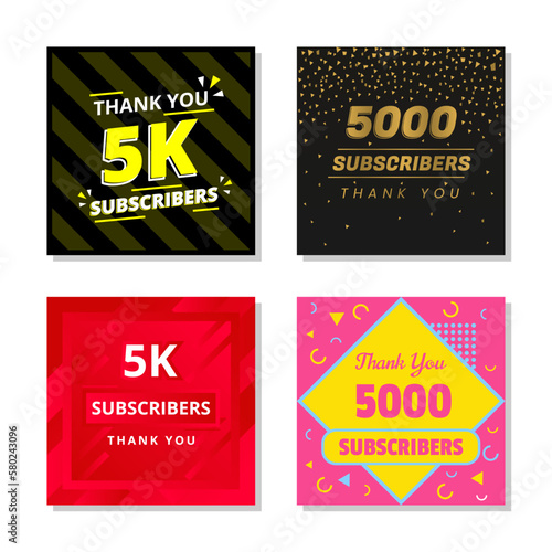 Thank you 5k subscribers set template vector. 5000 subscribers. 5k subscribers colorful design vector. thank you five thousand subscribers