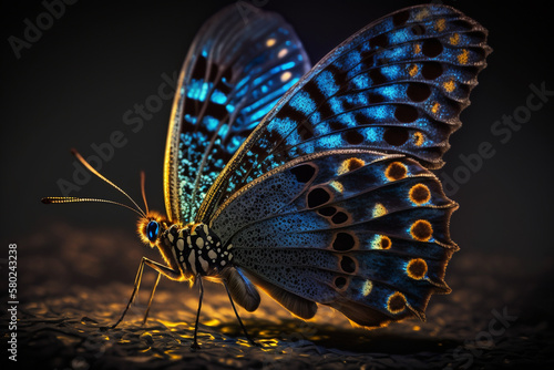 Fototapeta Naklejka Na Ścianę i Meble -  Mystical glowing butterfly in a magical nature. Isolated on blurred background. Stunning animals in nature travel or wildlife photography made with Generative AI
