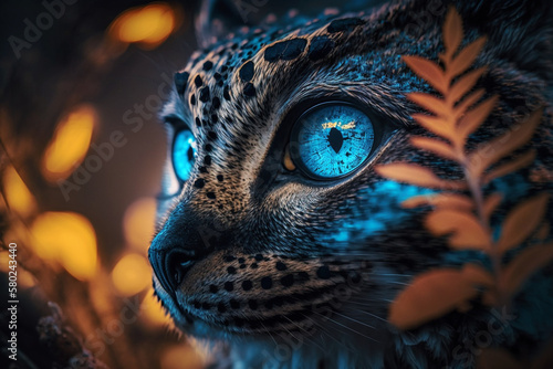 Mystical glowing leopard face with blue eyes. Isolated on blurred background. Stunning animals in nature travel or wildlife photography made with Generative AI photo