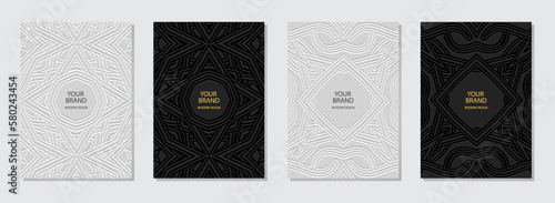 Set of ethnic covers, vertical templates. Abstract collection of relief geometric backgrounds with 3D pattern, press paper. Motives of the East, Asia, India, Mexico, Aztecs. Dudling, boho, art deco.