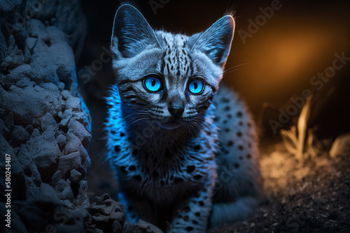 Mystical glowing Cat or Lanka Diviya in a magical nature. Isolated on blurred background. Stunning animals in nature travel or wildlife photography made with Generative AI photo