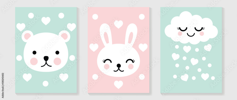 Cute comic easter wall art vector set. Collection with adorable hand drawn elements, rabbit, bear, cloud. Design illustration for nursery wall art in doodle style, baby, kids poster, card, invitation.