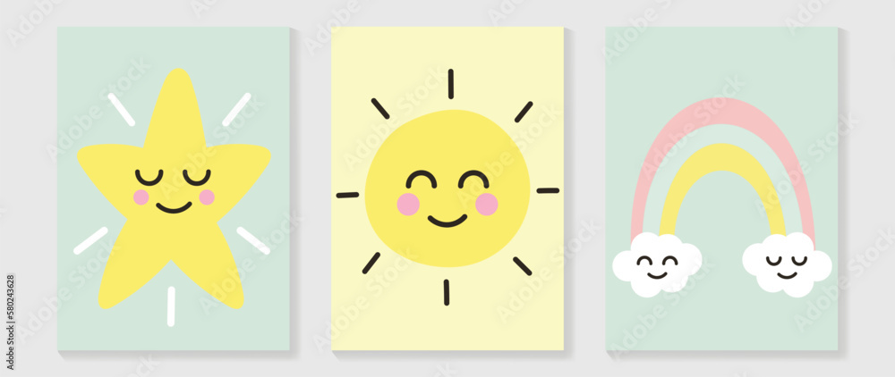 Cute comic easter wall art vector set. Collection with adorable hand drawn cartoon star, sun, rainbow. Design illustration for nursery wall art in doodle style, baby, kids poster, card, invitation.