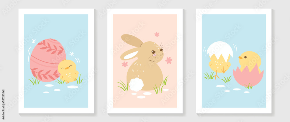 Cute comic easter wall art vector set. Collection with adorable hand drawn easter egg, chicks, rabbit. Design illustration for nursery wall art in doodle style, baby, kids poster, card, invitation.