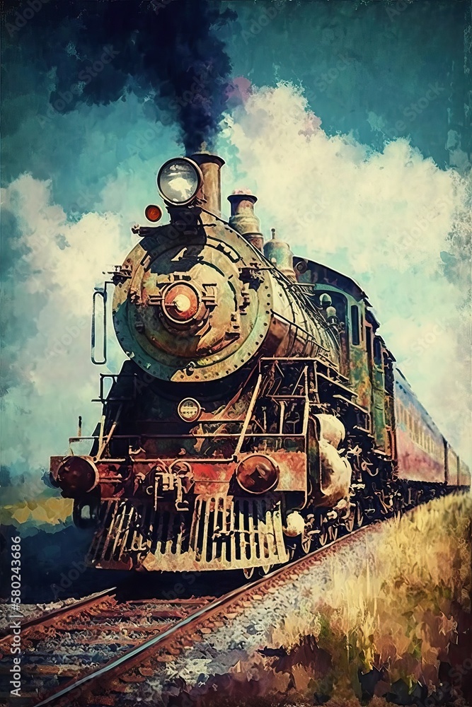 Obraz premium Train vintage contemporary oil painting (Ai generated)