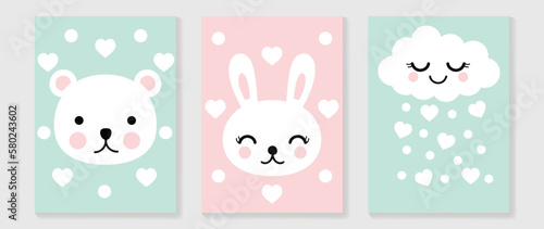 Cute comic easter wall art vector set. Collection with adorable hand drawn elements, rabbit, bear, cloud. Design illustration for nursery wall art in doodle style, baby, kids poster, card, invitation.