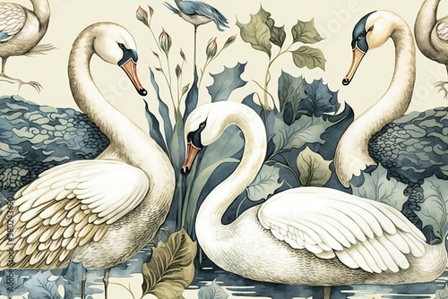 Fototapeta Naklejka Na Ścianę i Meble -  Swan vintage contemporary oil painting (Ai generated)