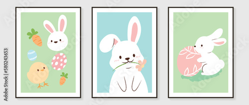 Cute comic easter wall art vector set. Collection with adorable hand drawn rabbit, chick, carrot, eggs. Design illustration for nursery wall art in doodle style, baby, kids poster, card, invitation.