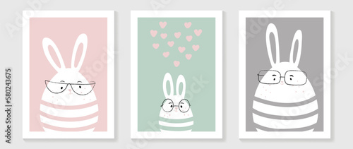 Cute comic easter wall art vector set. Collection with adorable hand drawn rabbit wearing eyeglasses. Design illustration for nursery wall art in doodle style, baby, kids poster, card, invitation.