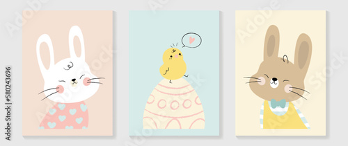 Cute comic easter wall art vector set. Collection with adorable hand drawn rabbit, easter egg, chick. Design illustration for nursery wall art in doodle style, baby, kids poster, card, invitation.