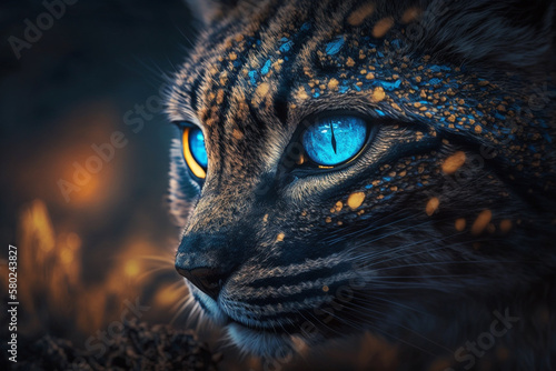 Mystical glowing leopard closeup in a magical nature. Isolated on blurred background. Stunning animals in nature travel or wildlife photography made with Generative AI photo