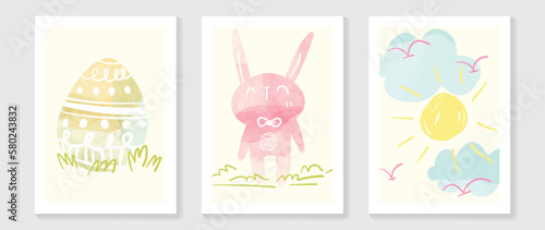 Cute comic easter wall art vector set. Collection of adorable hand painted watercolor easter egg, pink rabbit, sky. Design for nursery wall art in doodle style, baby, kids poster, card, invitation.