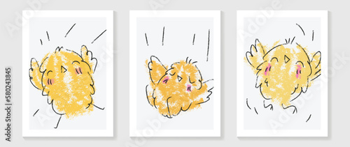 Cute comic easter wall art vector set. Collection of adorable hand painted brush watercolor little chick. Design illustration for nursery wall art in doodle style, baby, kids poster, card, invitation.