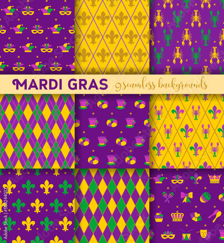 Mardi Gras seamless pattern with masks, jester s hats, crown an fleur de lis. Set of backgrounds