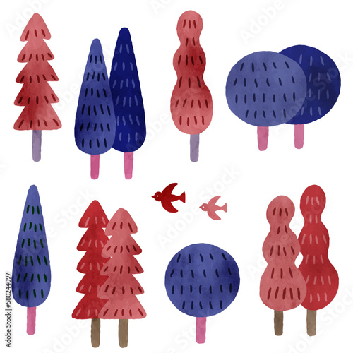 水彩画タッチのかわいい木のイラストセット