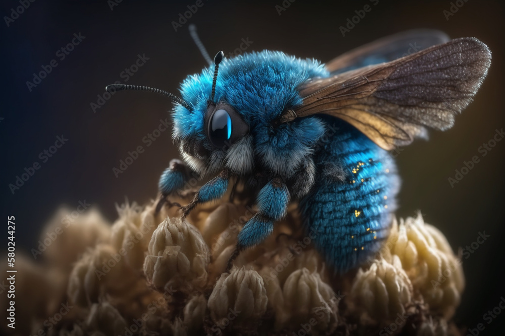 Obraz premium Mystical glowing bee in a magical nature. Isolated on blurred background. Stunning animals in nature travel or wildlife photography made with Generative AI