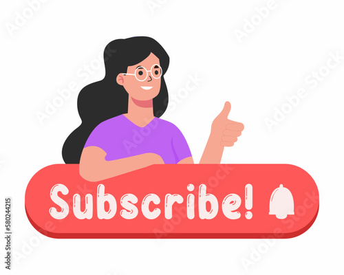Girl with subscribe button. Banner for subscribe, email marketing concept of Don't forget to subscribe button