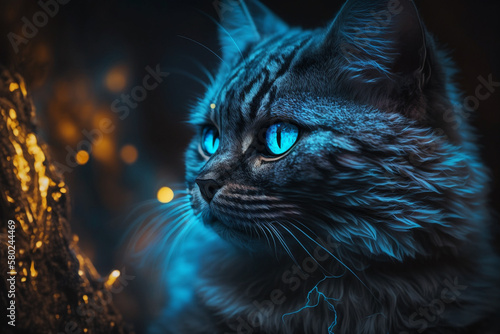 Mystical glowing cat in a magical nature. Isolated on blurred background. Stunning animals in nature travel or wildlife photography made with Generative AI