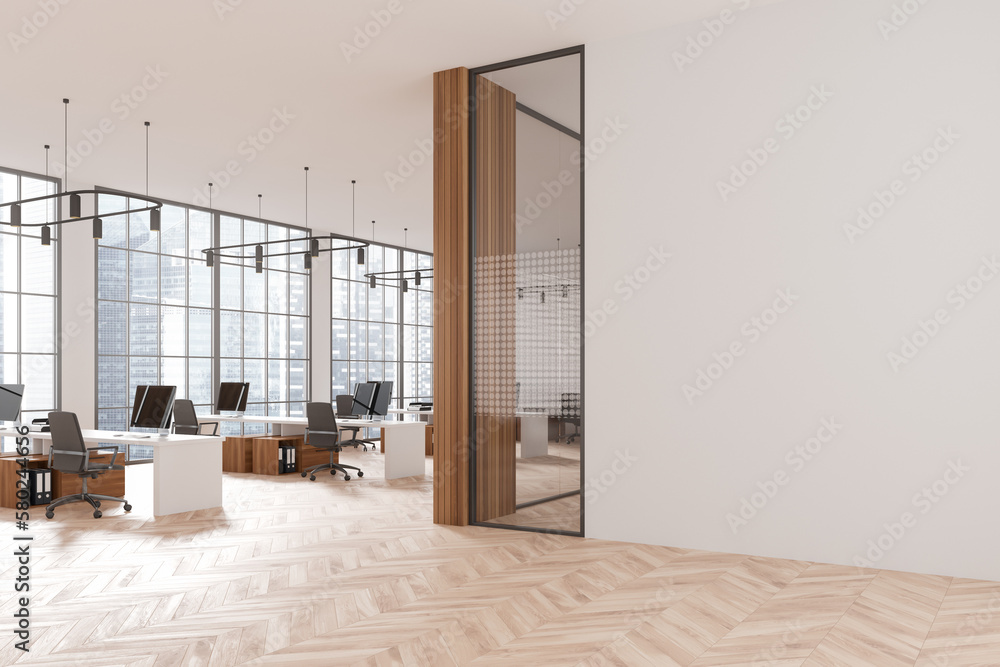 White and wooden open space office corner - obrazy, fototapety, plakaty 