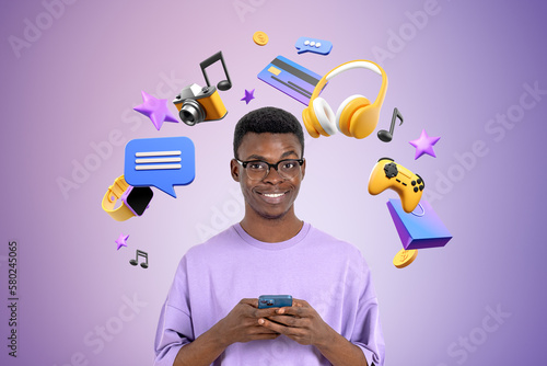 Smiling African man with smartphone, online entertainment