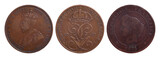 Set of old coins (Great Britain, Sweden, France). Clipping path included.